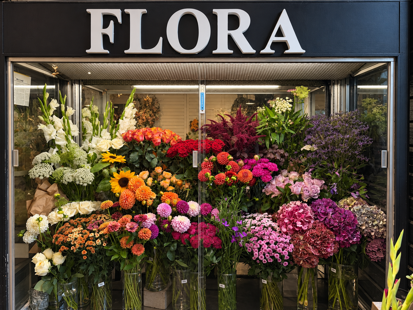 Snittblommor i kylskåp på Wrights Flora